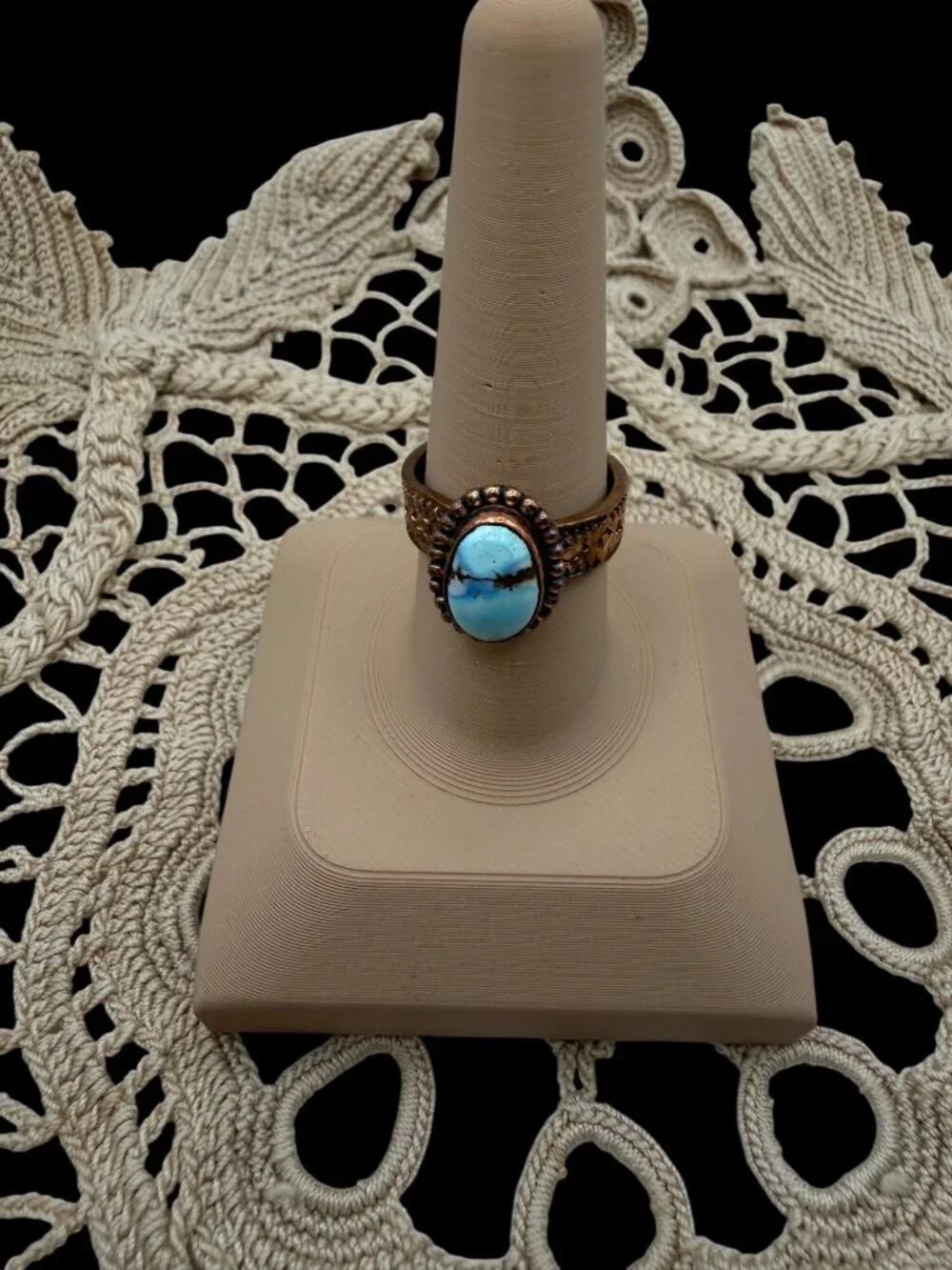 Artisan crafted Golden Hills Turquoise Copper Ring Etched Band Adj Southwest 5g